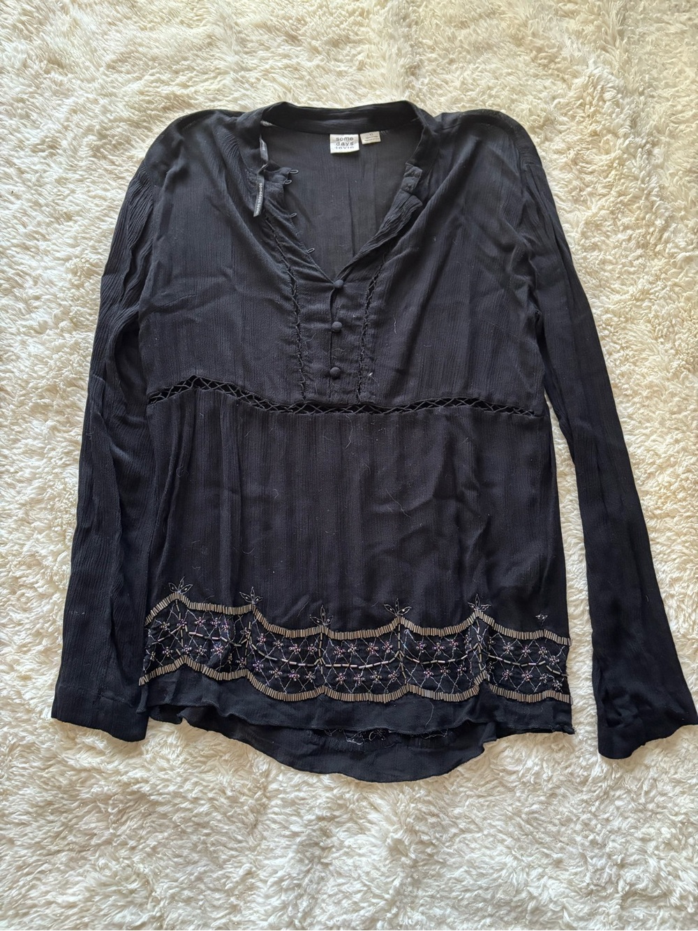 Somedays Lovin Black Embroidered V-Neck Long Sleeve Top